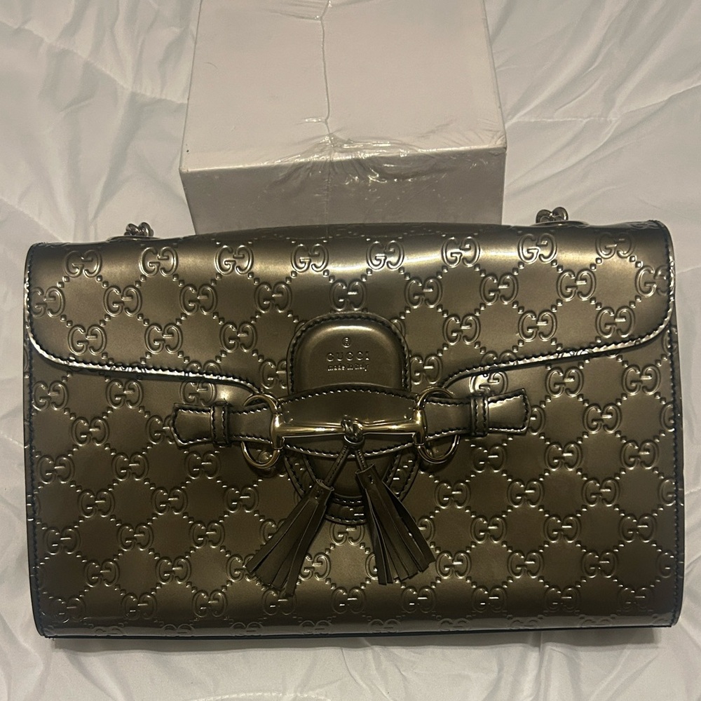 Gucci Embossed Metallic Gray Shoulder Bag